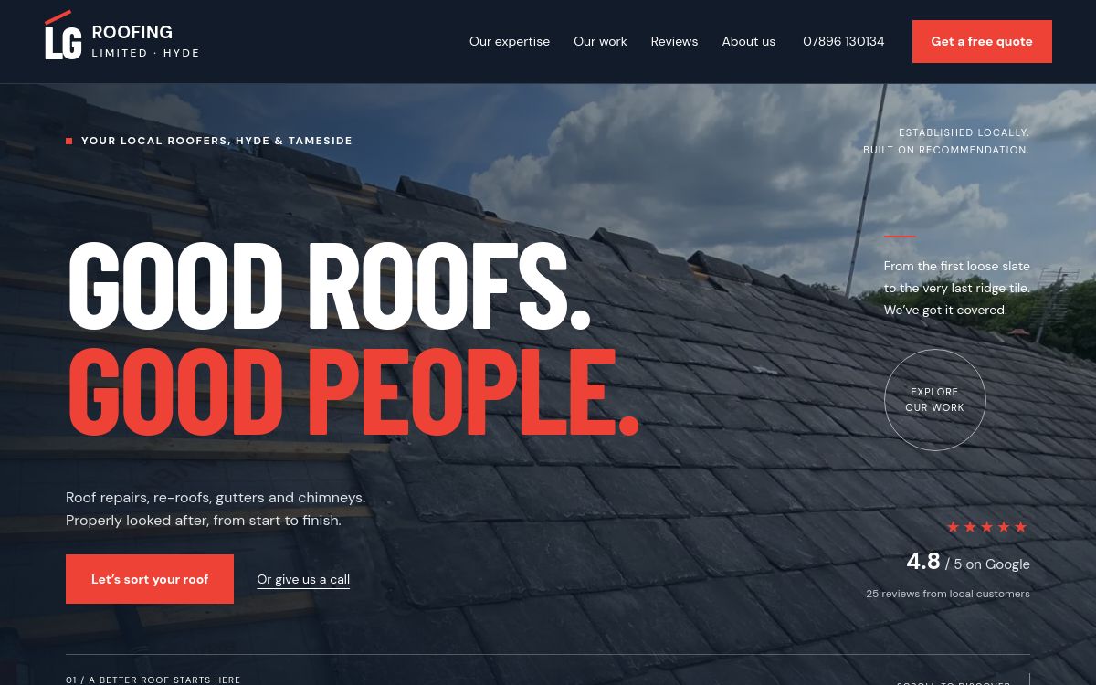 Actual LG Roofing website preview built by Jack